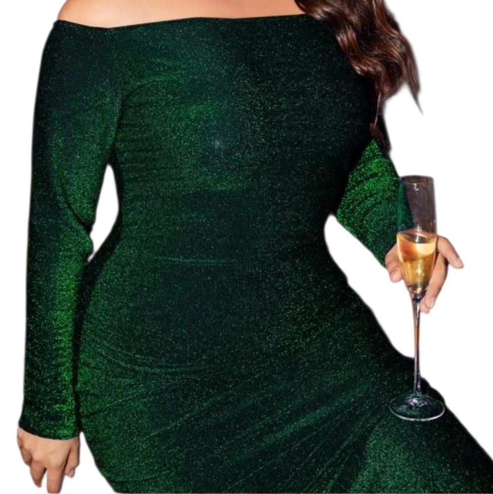 Shein Off Shoulder Plus Emerald Green Shimmering Evening Dress 2XL - Picture 7 of 13